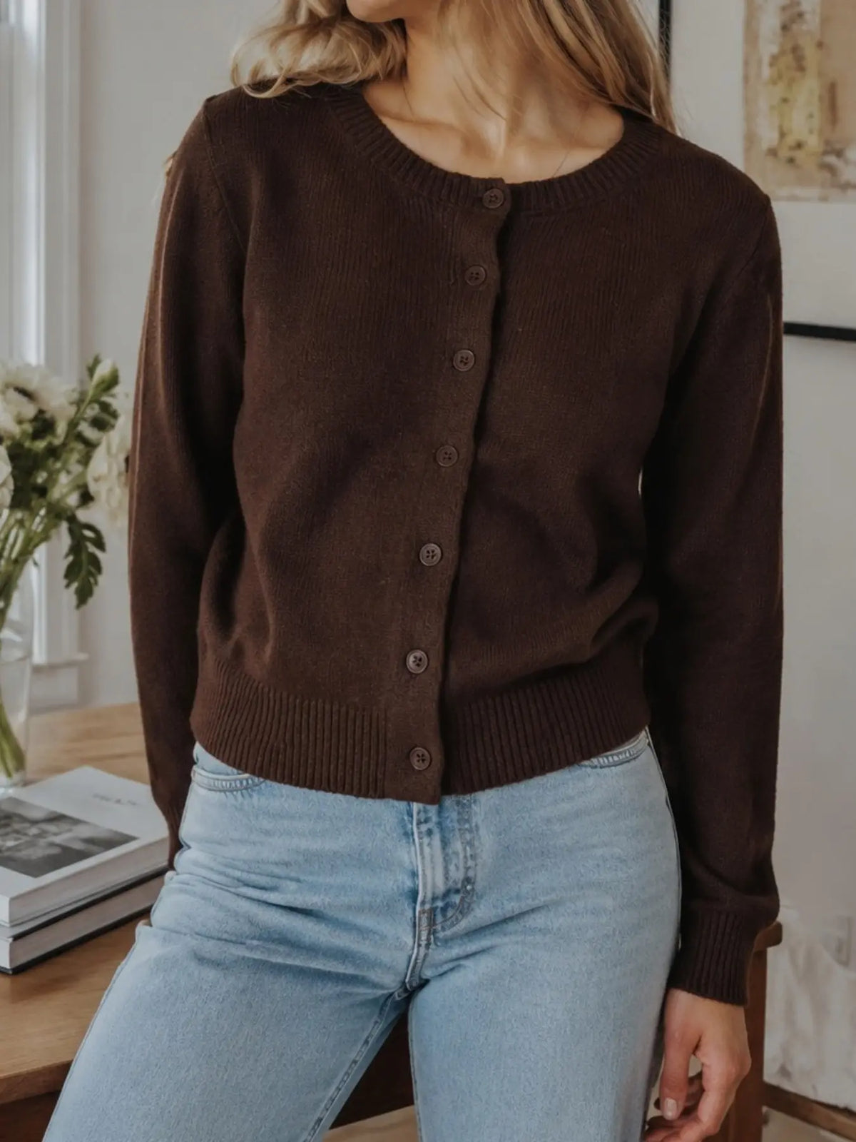 Button Front Knit Cardigan – Round Neck Long Sleeve Sweater