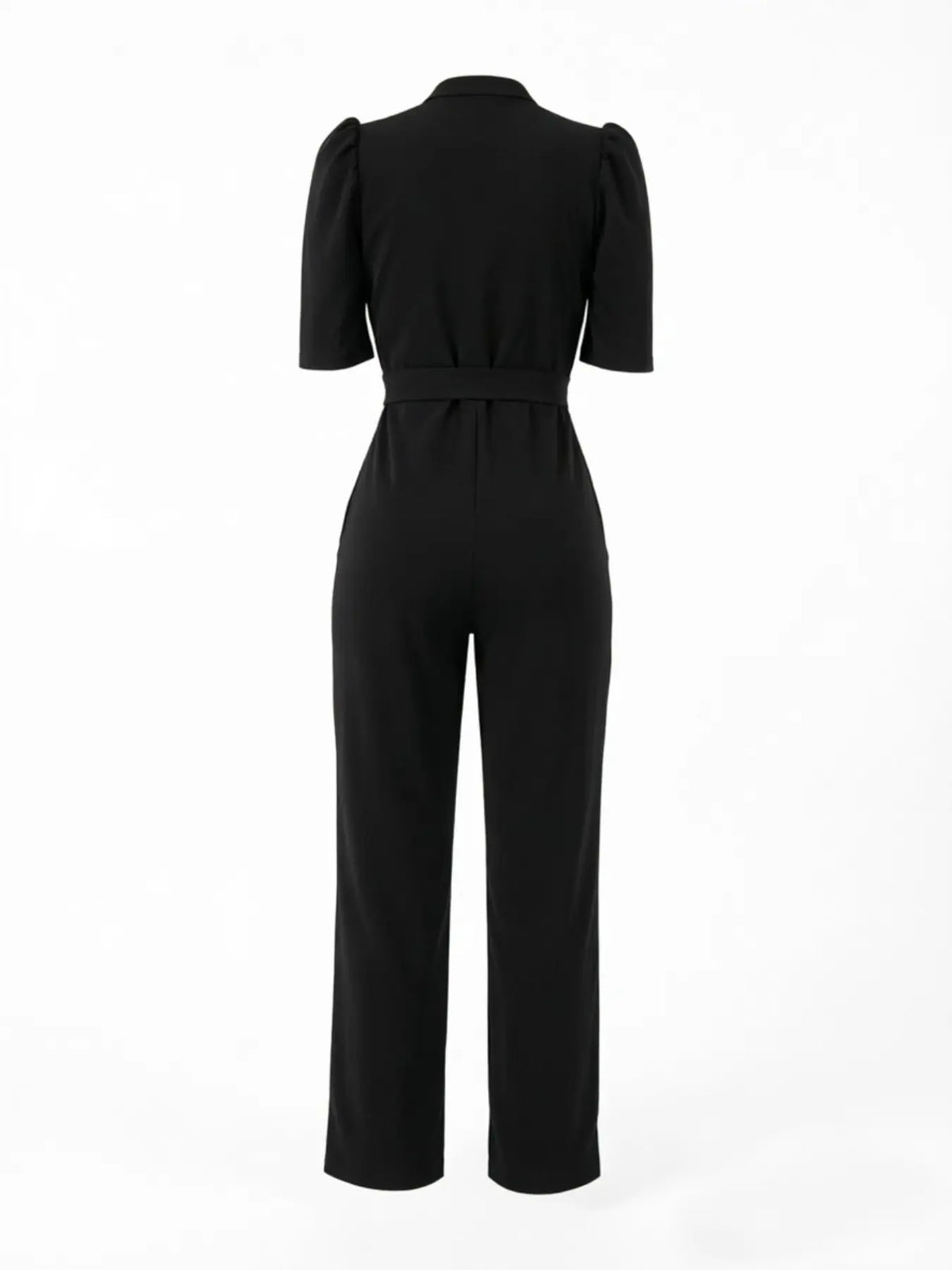 High Waist Belted Puff Sleeve Jumpsuit – Deep V-Neck Wrap Jumpsuit