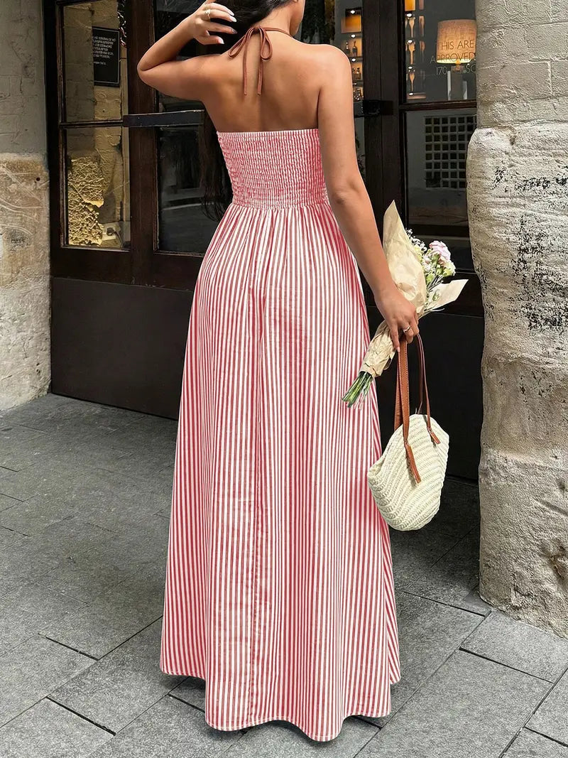 Deep V-Neck Halter Maxi Dress – Backless Evening Gown