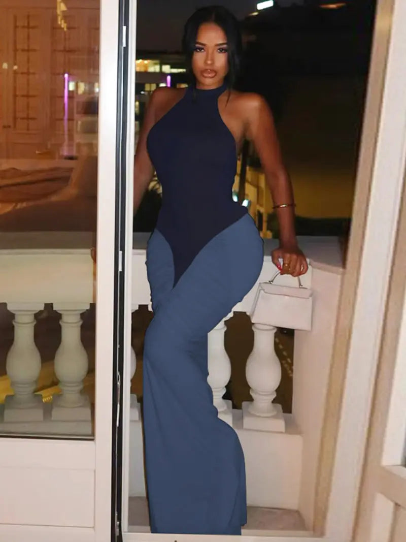 Colour Block Halterneck Bodycon Maxi Dress – Elegant Backless Evening Dress