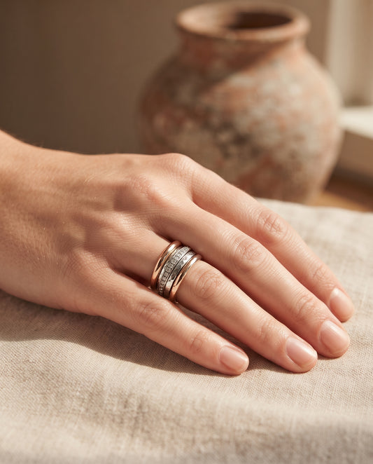 Bague Vintage Épaisse Bicolore Or et Argent – photo lifestyle 1