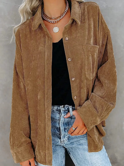 Corduroy Button Collared Blouse – Oversized Long Sleeve Shirt with Pocket