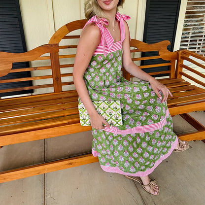 Boho Floral Tiered Maxi Dress – Flowy Sleeveless Sundress with Pockets
