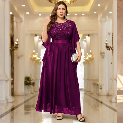 Sequin Lace Flared Sleeve Chiffon Maxi Gown – Elegant Formal Evening Dress