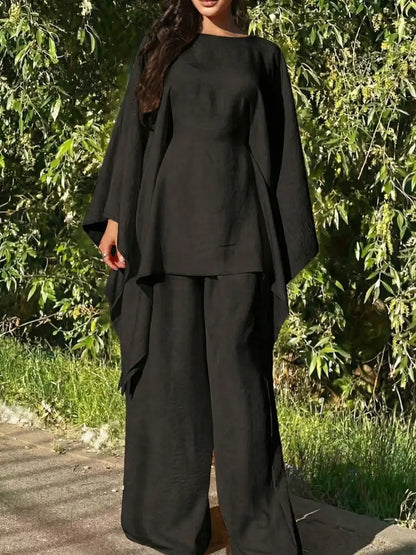 Minimalist 2-Piece Set – Long Hoodie Top & Wide Leg Pants Outfit