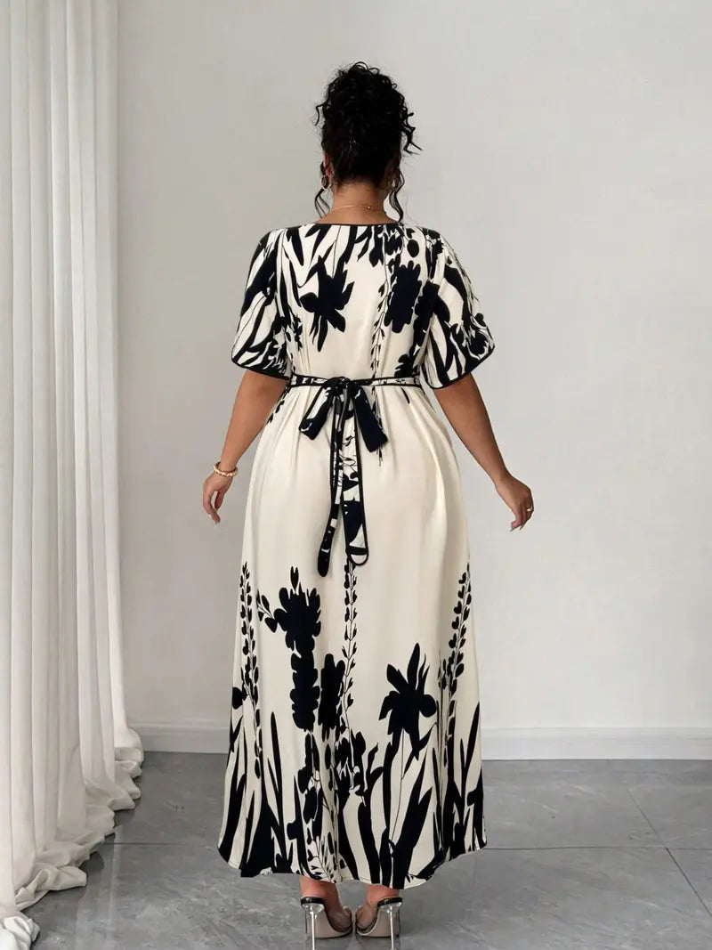 Floral Print A-Line Dress - Elegant V-Neck Waist-Cinching Dress with Button Details