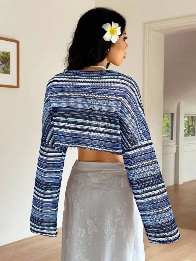 Colourful Striped Knit Top – Textured Flare Sleeve Pullover