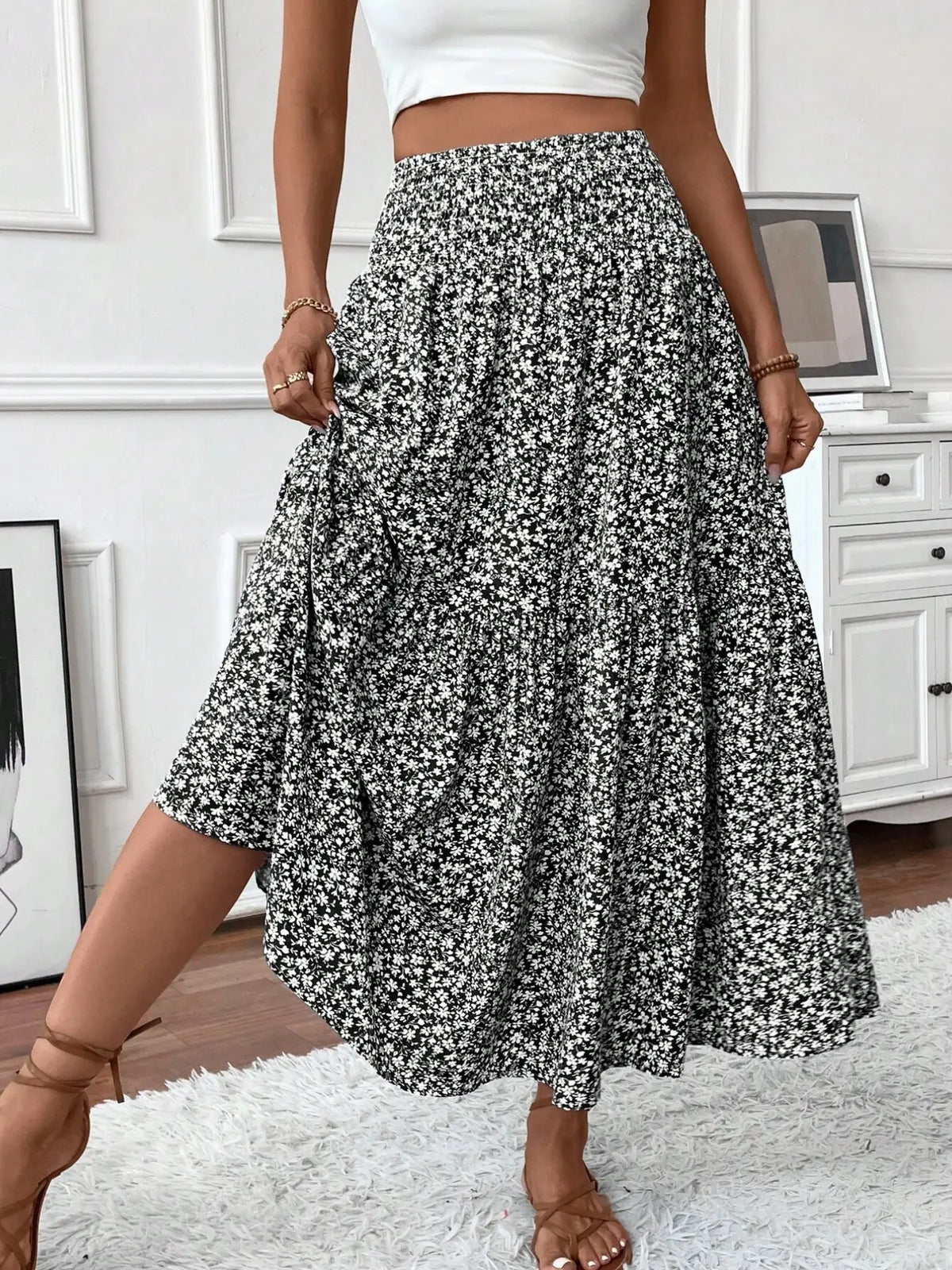 Layered Cake Ditsy Floral Long Skirt – Loose A-Line Elegant Skirt