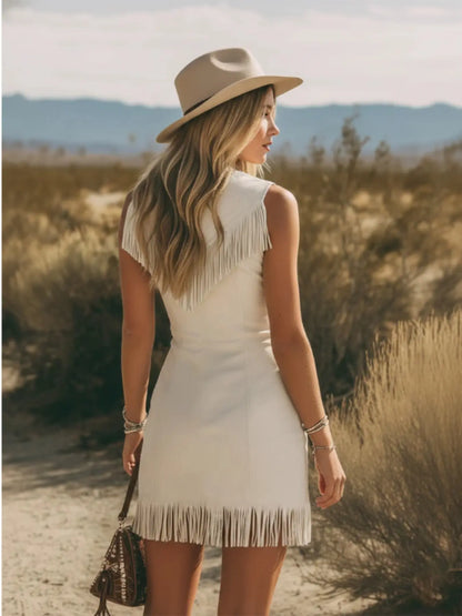 Boho Fringe Faux Suede Zip Front Dress – Western Cowgirl Bodycon Dress