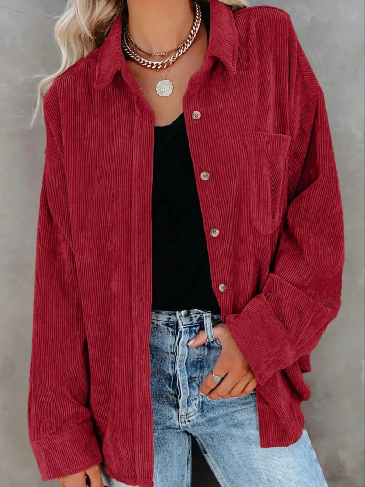 Corduroy Button Collared Blouse – Oversized Long Sleeve Shirt with Pocket