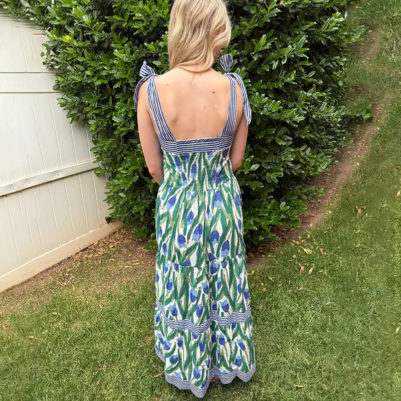 Boho Floral Tiered Maxi Dress – Flowy Sleeveless Sundress with Pockets
