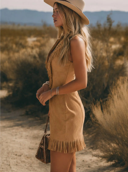 Boho Fringe Faux Suede Zip Front Dress – Western Cowgirl Bodycon Dress