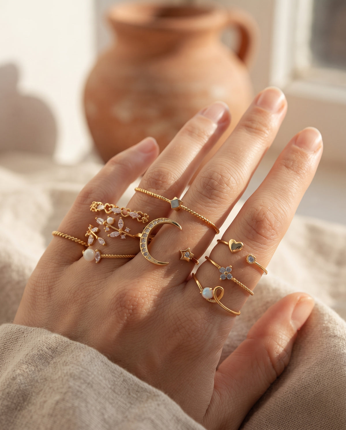 Set de 10 Bagues Bohèmes en Argent et Plaqué Or – photo lifestyle 1