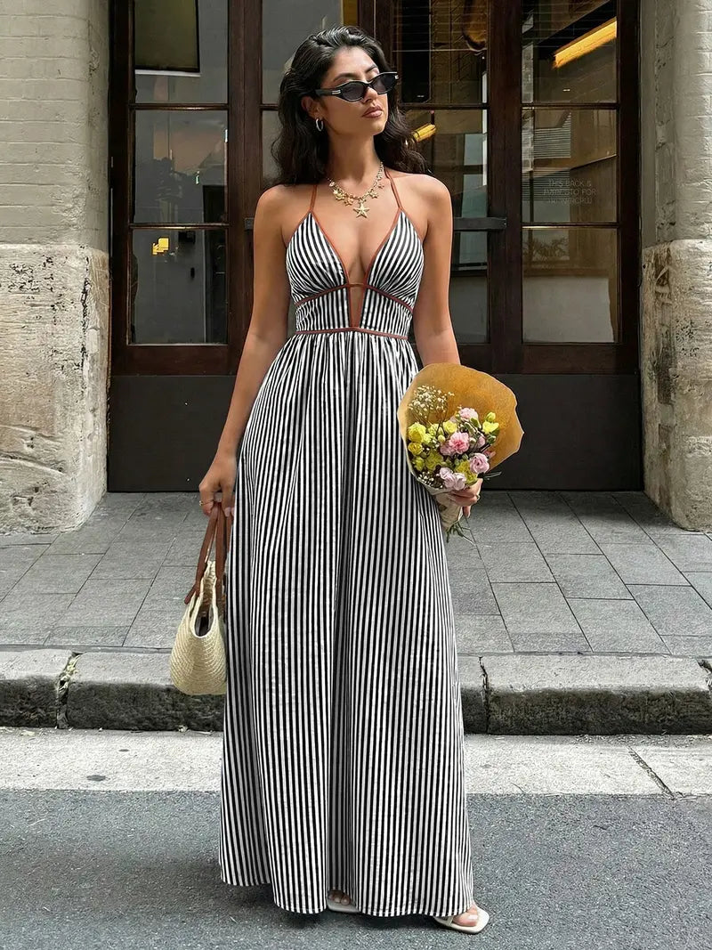 Deep V-Neck Halter Maxi Dress – Backless Evening Gown