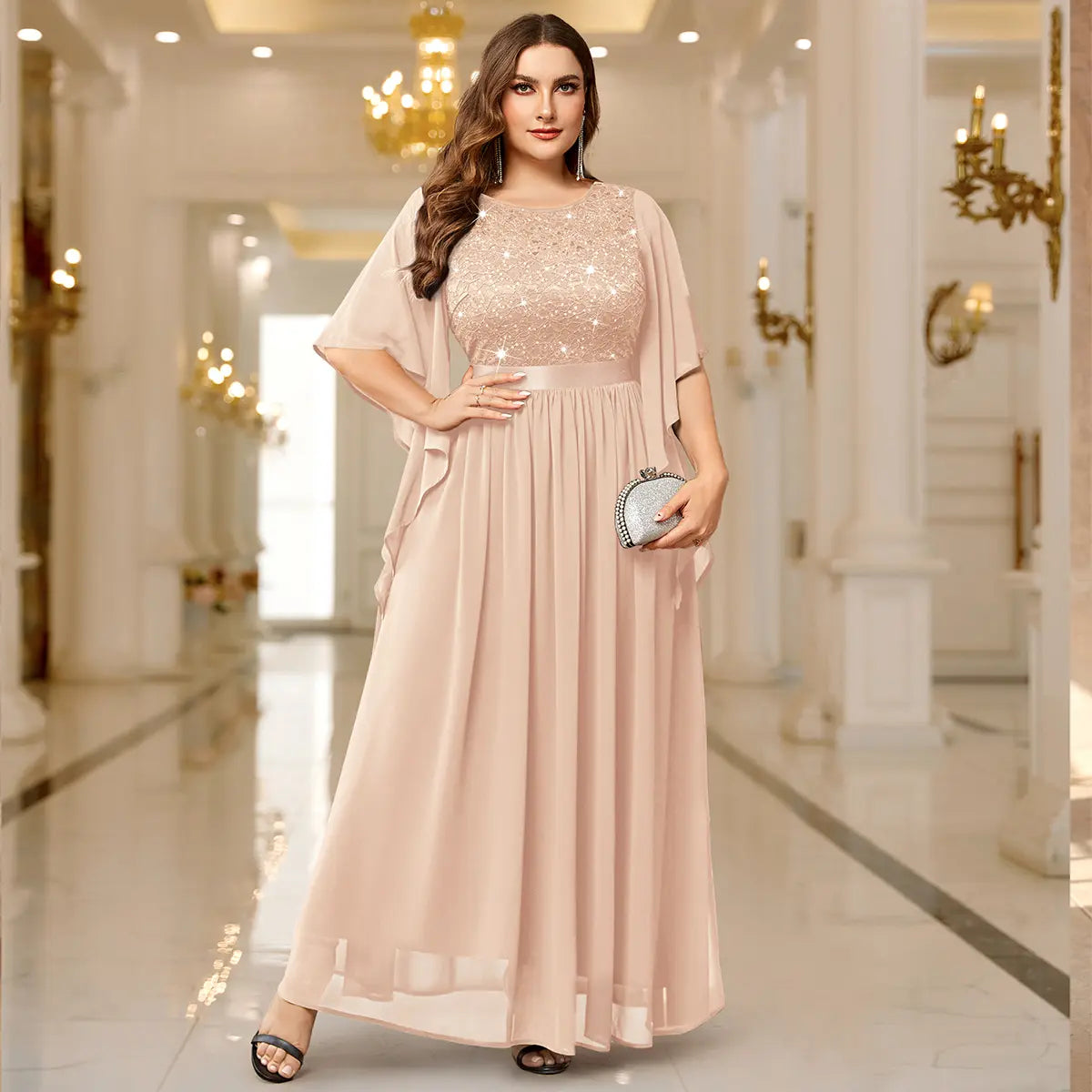 Sequin Lace Flared Sleeve Chiffon Maxi Gown – Elegant Formal Evening Dress