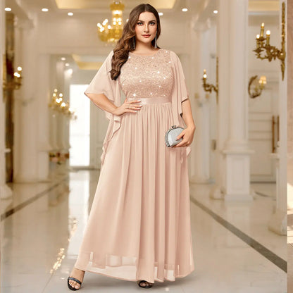 Sequin Lace Flared Sleeve Chiffon Maxi Gown – Elegant Formal Evening Dress