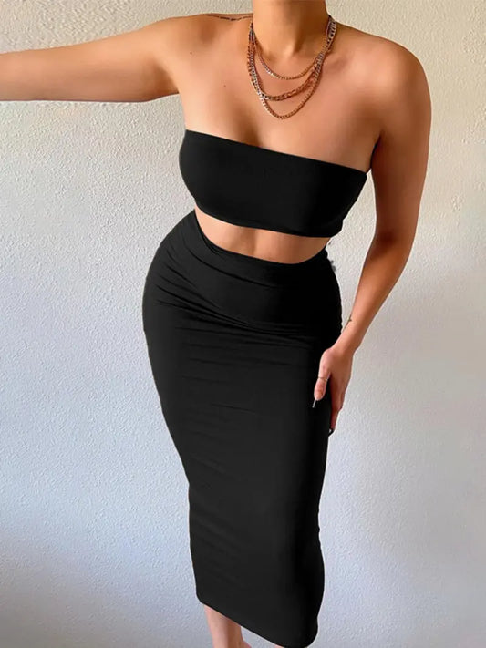 2-Piece Tube Top & Bodycon Skirt Set – Backless Strapless Summer Outfit