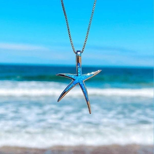 Silver Nautical Necklace with Blue Opal Starfish