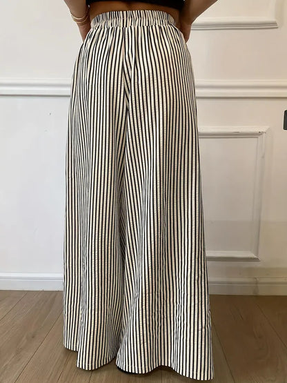 Women's Vertical Striped Wide Leg Pants – Casual Elastic Waist Loose-Fit Trousers