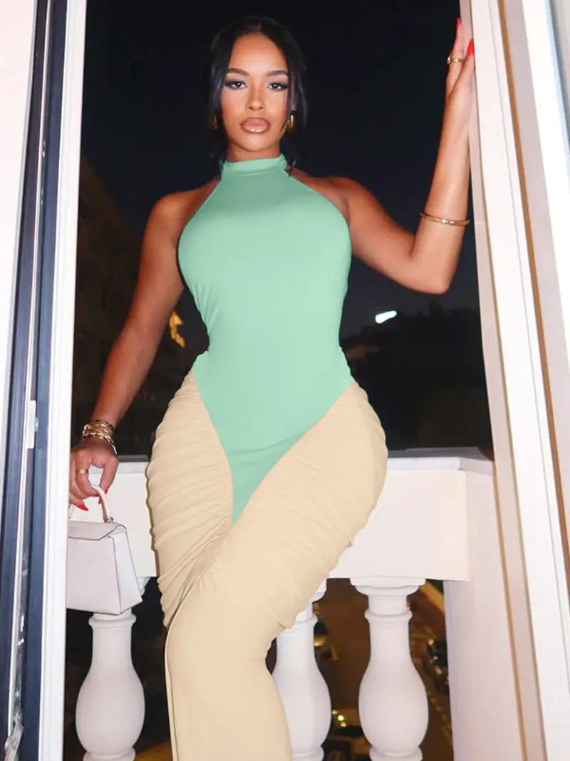 Colour Block Halterneck Bodycon Maxi Dress – Elegant Backless Evening Dress