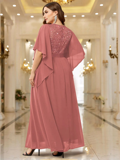 Sequin Lace Flared Sleeve Chiffon Maxi Gown – Elegant Formal Evening Dress