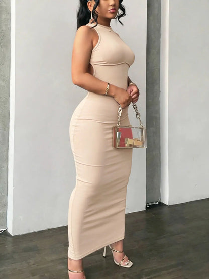 Backless Criss-Cross Bodycon Dress – Round Neck Cutout Long Dress