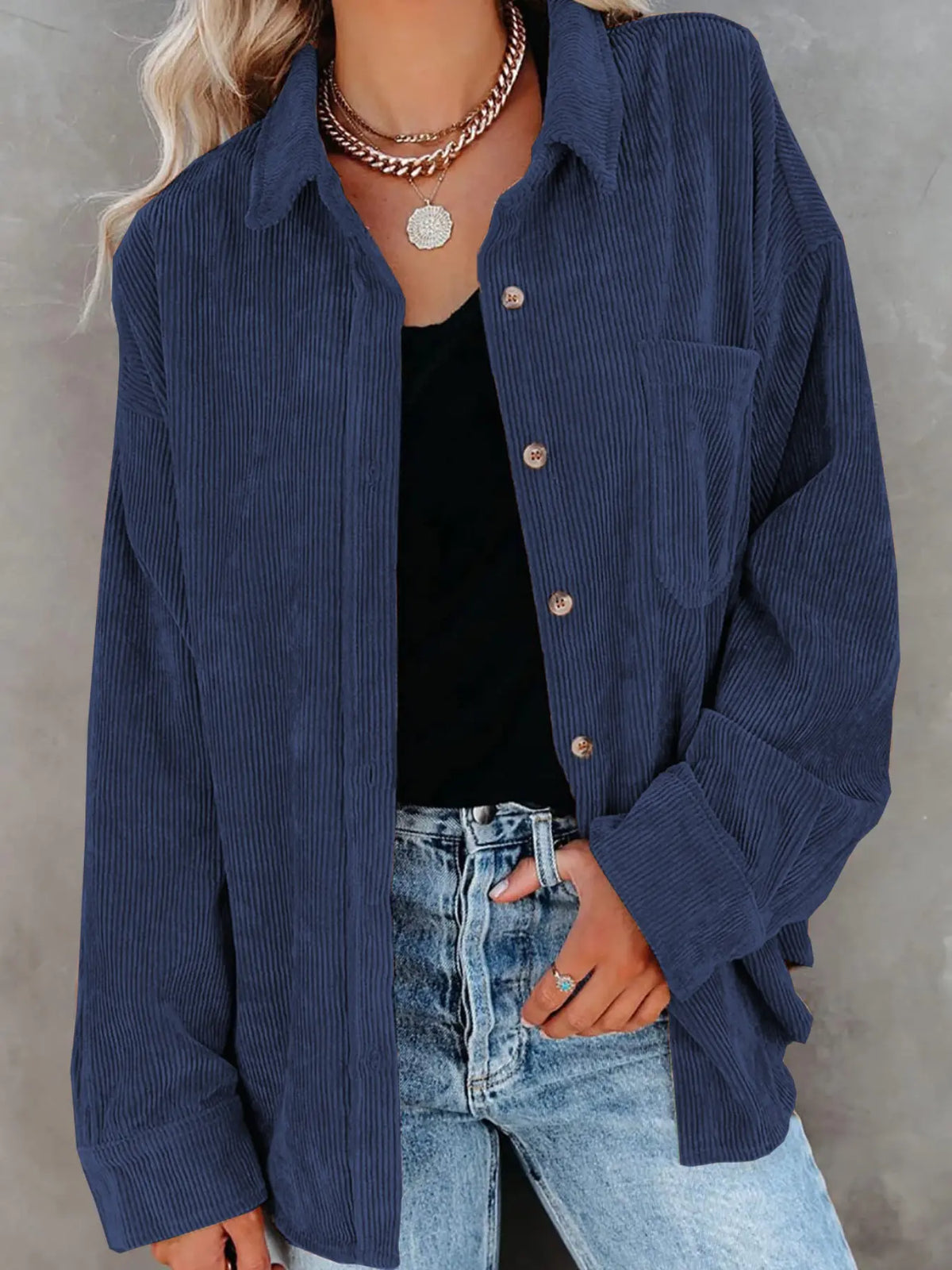 Corduroy Button Collared Blouse – Oversized Long Sleeve Shirt with Pocket