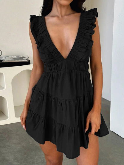 Ruffled Deep V-Neck Fitted Dress – Casual Summer Essential