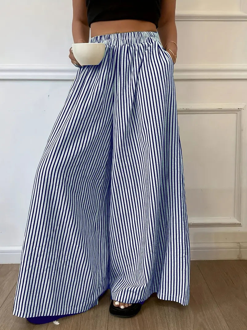 Women's Vertical Striped Wide Leg Pants – Casual Elastic Waist Loose-Fit Trousers