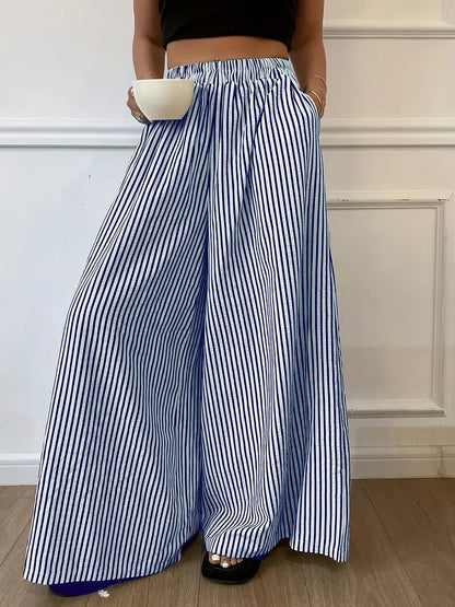 Women's Vertical Striped Wide Leg Pants – Casual Elastic Waist Loose-Fit Trousers