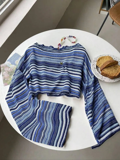 Colourful Striped Knit Top – Textured Flare Sleeve Pullover