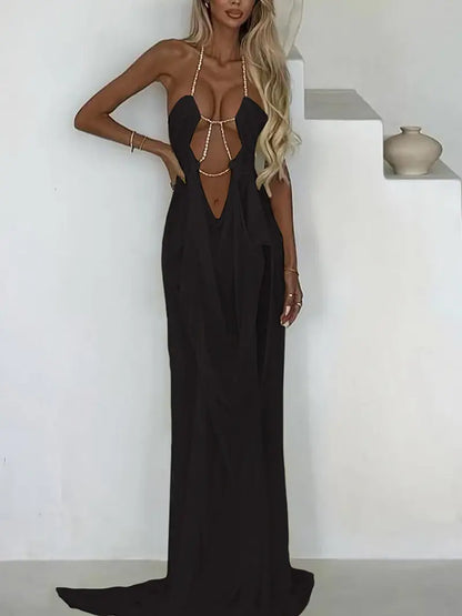 Mesh Patchwork Backless Maxi Dress – Halter Neck Cut-Out Party Dress