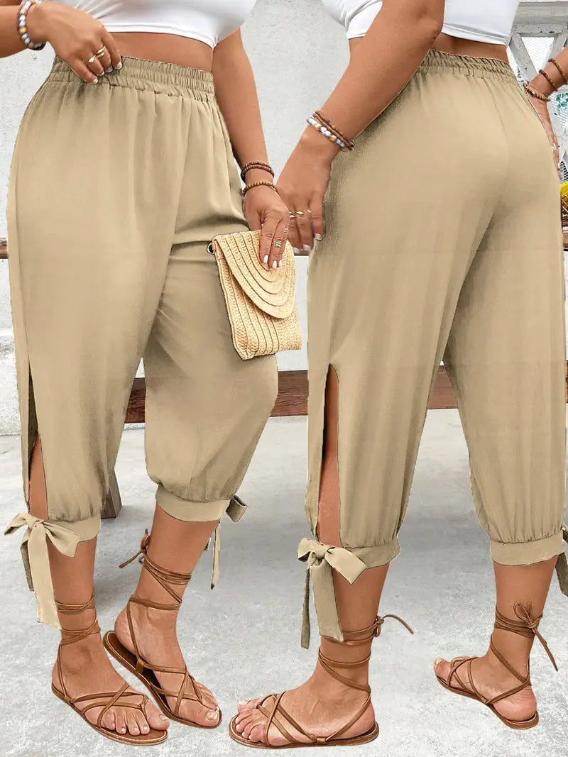 Wide-Leg Capri Pants - Casual Elastic Waist Trousers with Side Slit & Bow Detail