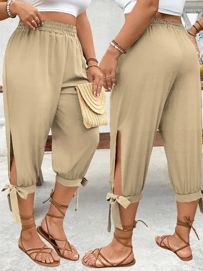Wide-Leg Capri Pants - Casual Elastic Waist Trousers with Side Slit & Bow Detail