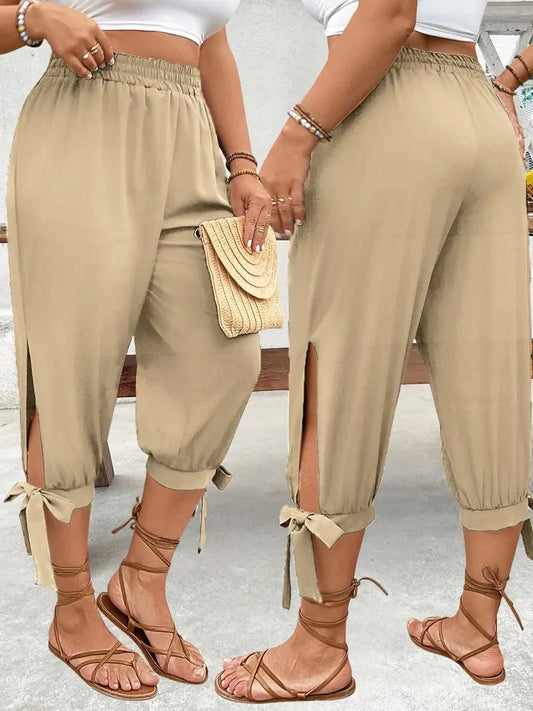 Wide-Leg Capri Pants - Casual Elastic Waist Trousers with Side Slit & Bow Detail