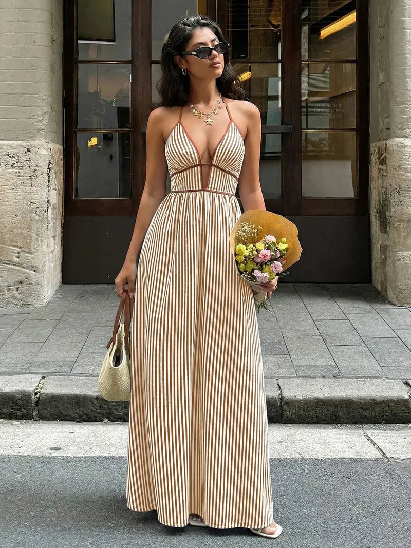 Deep V-Neck Halter Maxi Dress – Backless Evening Gown
