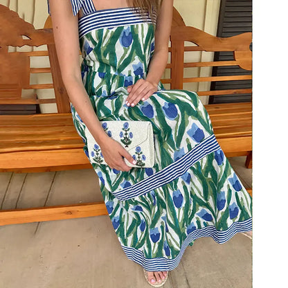 Boho Floral Tiered Maxi Dress – Flowy Sleeveless Sundress with Pockets