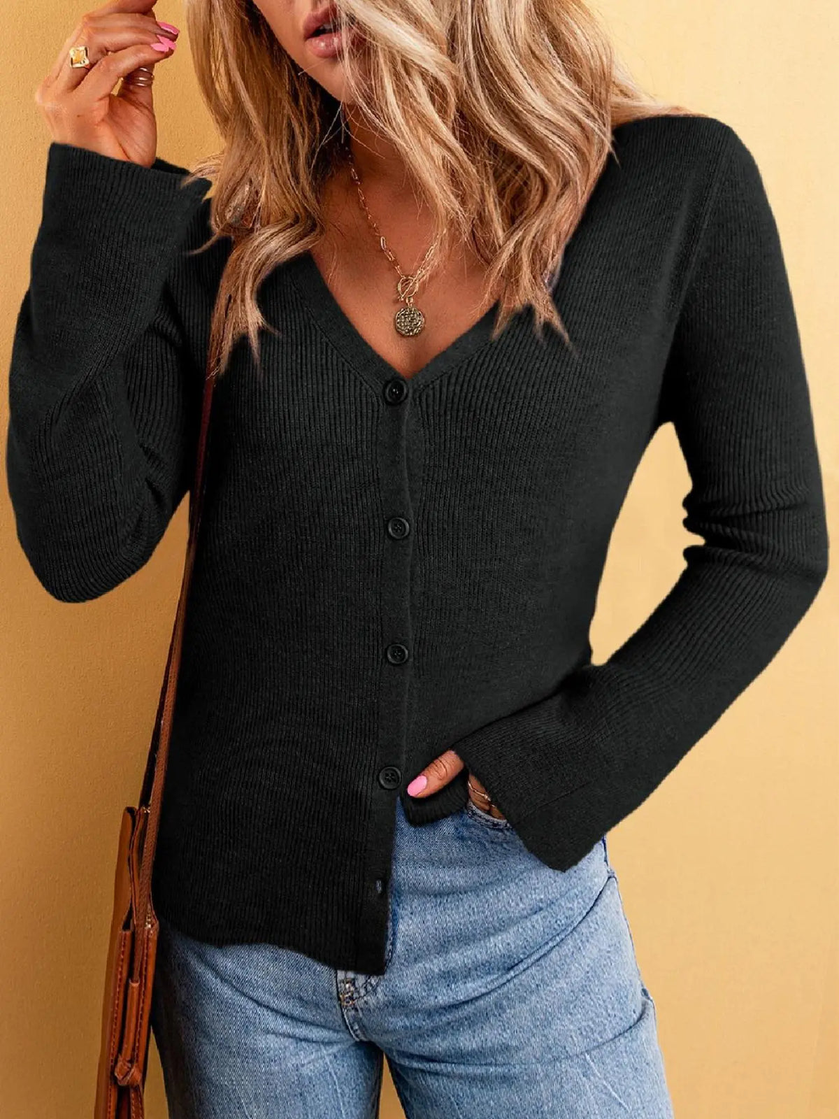 V-Neck Basic Cardigan – Casual Long Sleeve Knit Cardigan