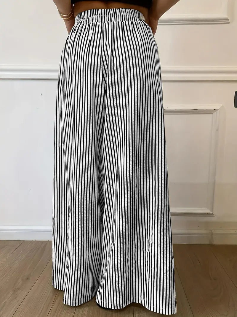 Women's Vertical Striped Wide Leg Pants – Casual Elastic Waist Loose-Fit Trousers