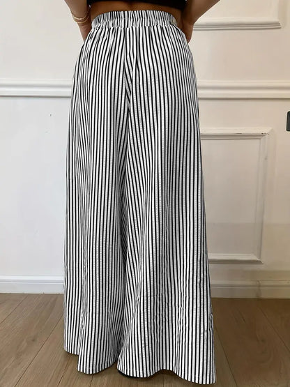 Women's Vertical Striped Wide Leg Pants – Casual Elastic Waist Loose-Fit Trousers
