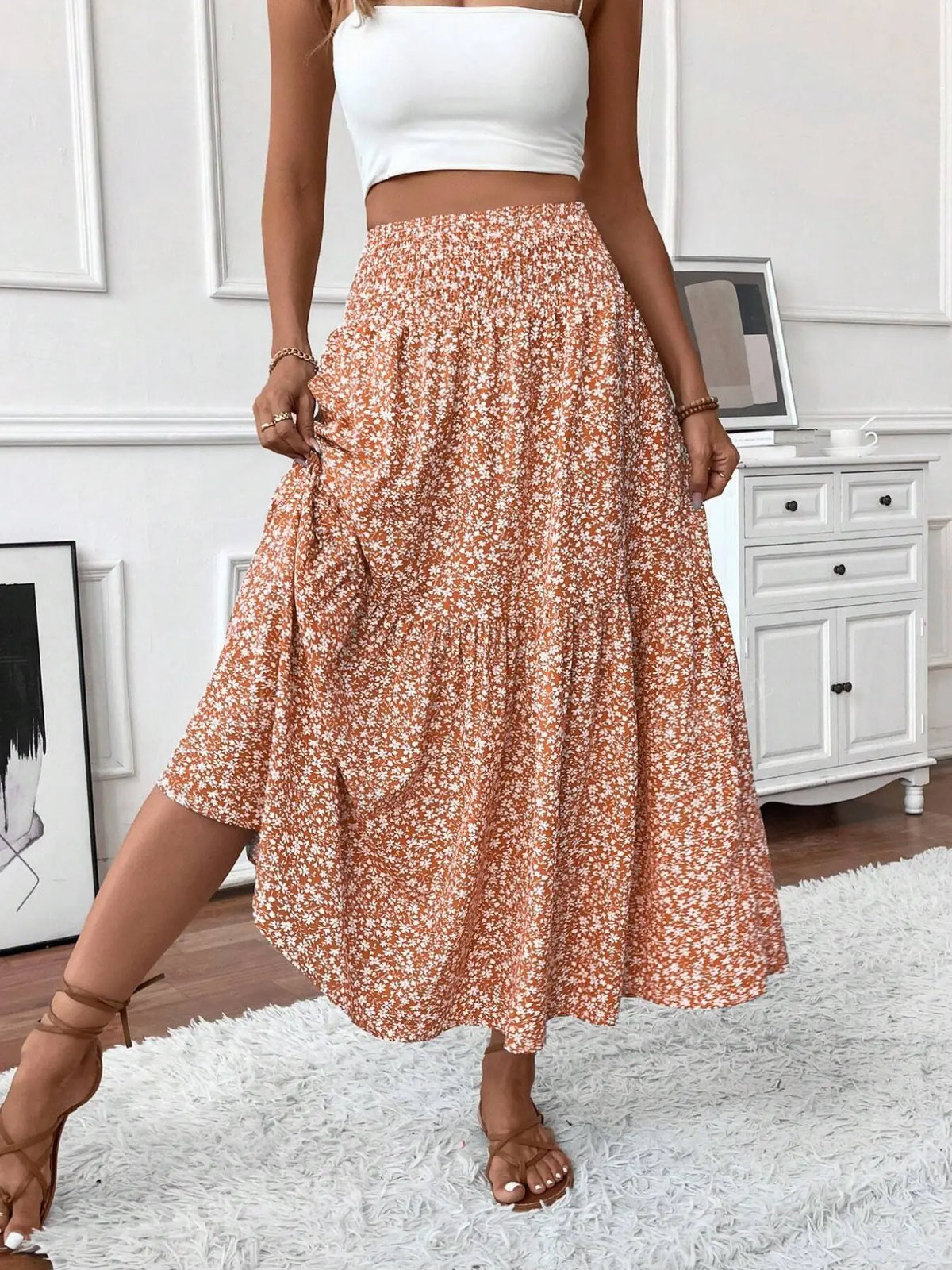 Layered Cake Ditsy Floral Long Skirt – Loose A-Line Elegant Skirt