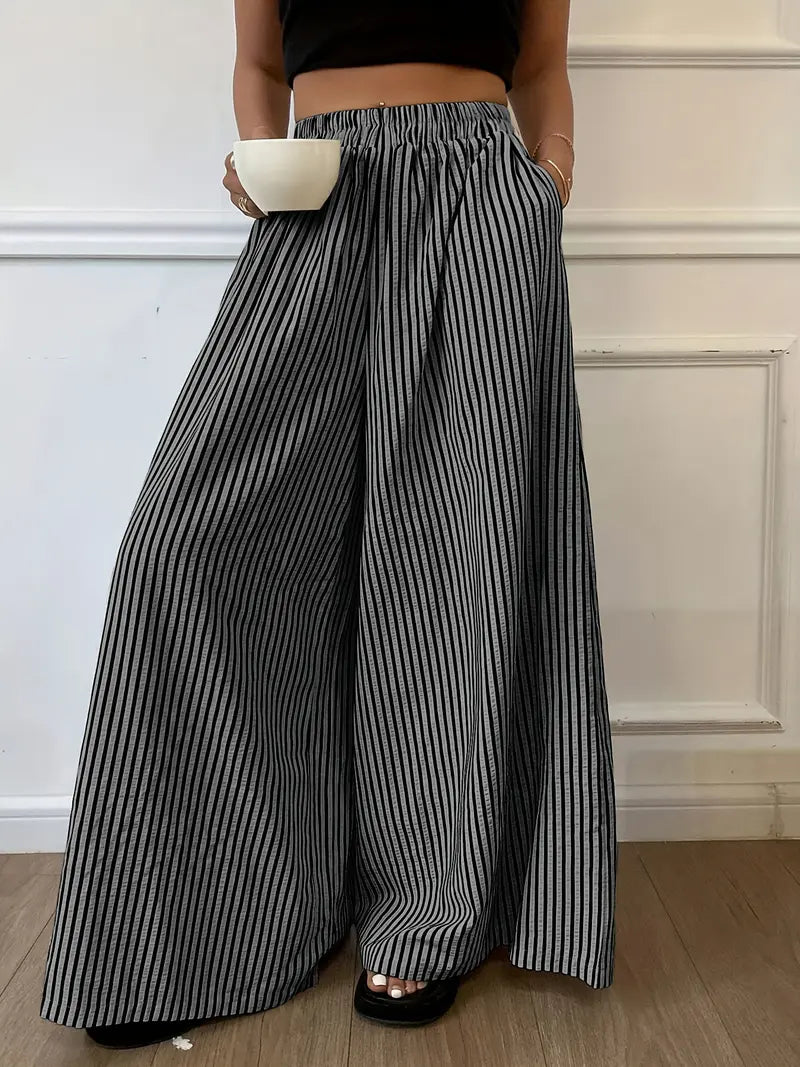 Women's Vertical Striped Wide Leg Pants – Casual Elastic Waist Loose-Fit Trousers