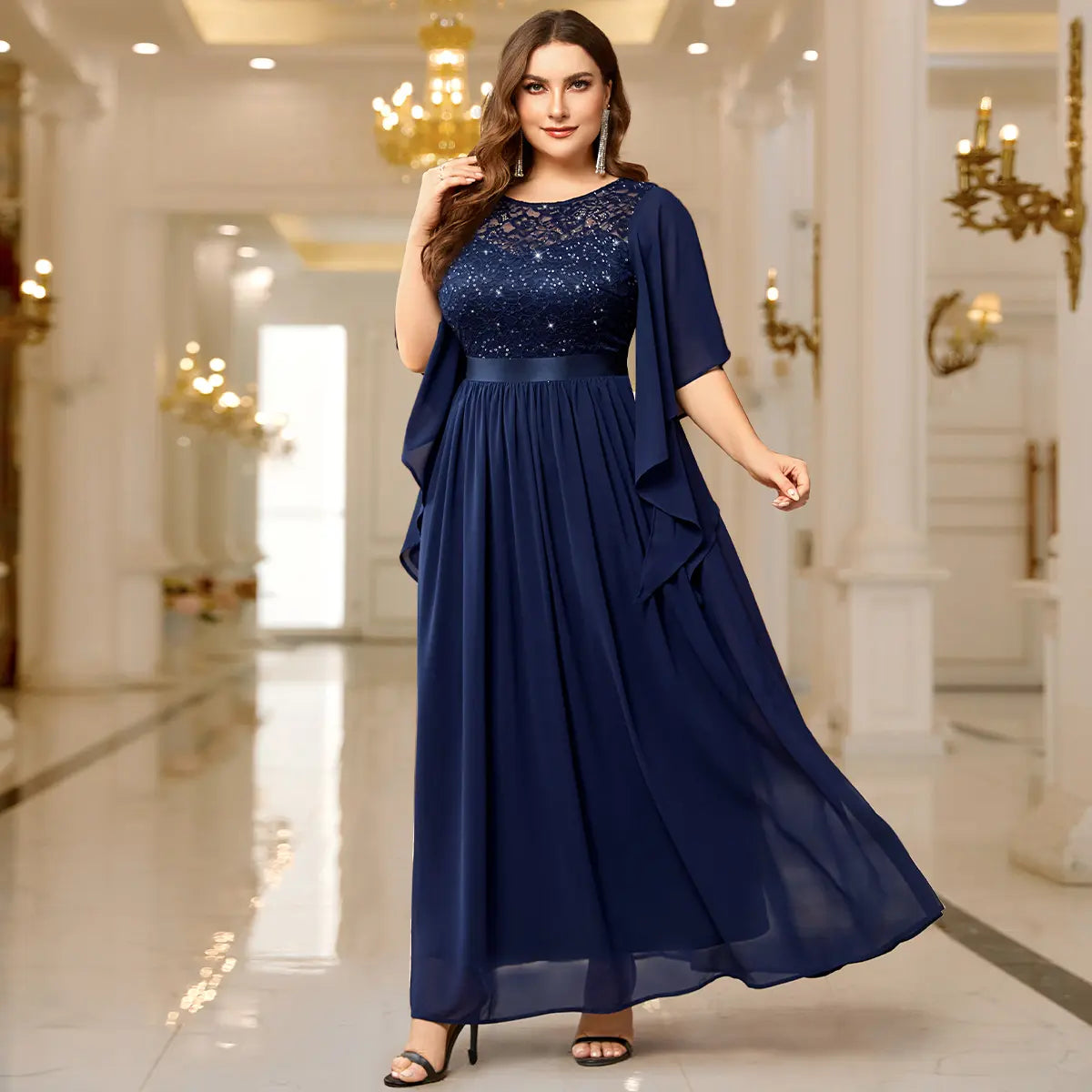 Sequin Lace Flared Sleeve Chiffon Maxi Gown – Elegant Formal Evening Dress