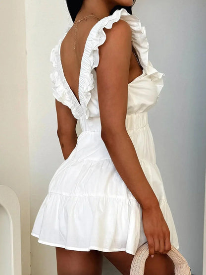 Ruffled Deep V-Neck Fitted Dress – Casual Summer Essential
