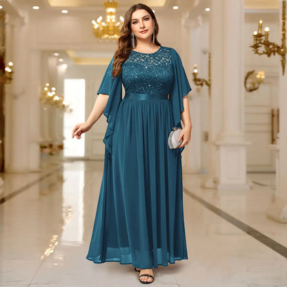 Sequin Lace Flared Sleeve Chiffon Maxi Gown – Elegant Formal Evening Dress