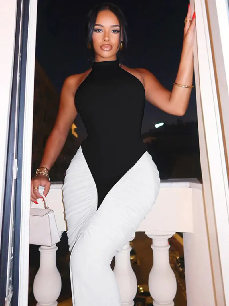 Colour Block Halterneck Bodycon Maxi Dress – Elegant Backless Evening Dress