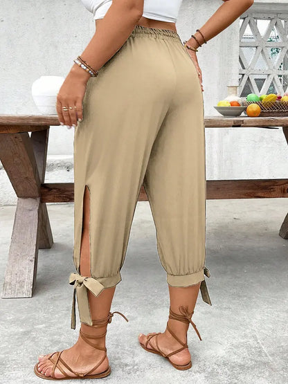 Wide-Leg Capri Pants - Casual Elastic Waist Trousers with Side Slit & Bow Detail