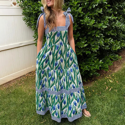 Boho Floral Tiered Maxi Dress – Flowy Sleeveless Sundress with Pockets