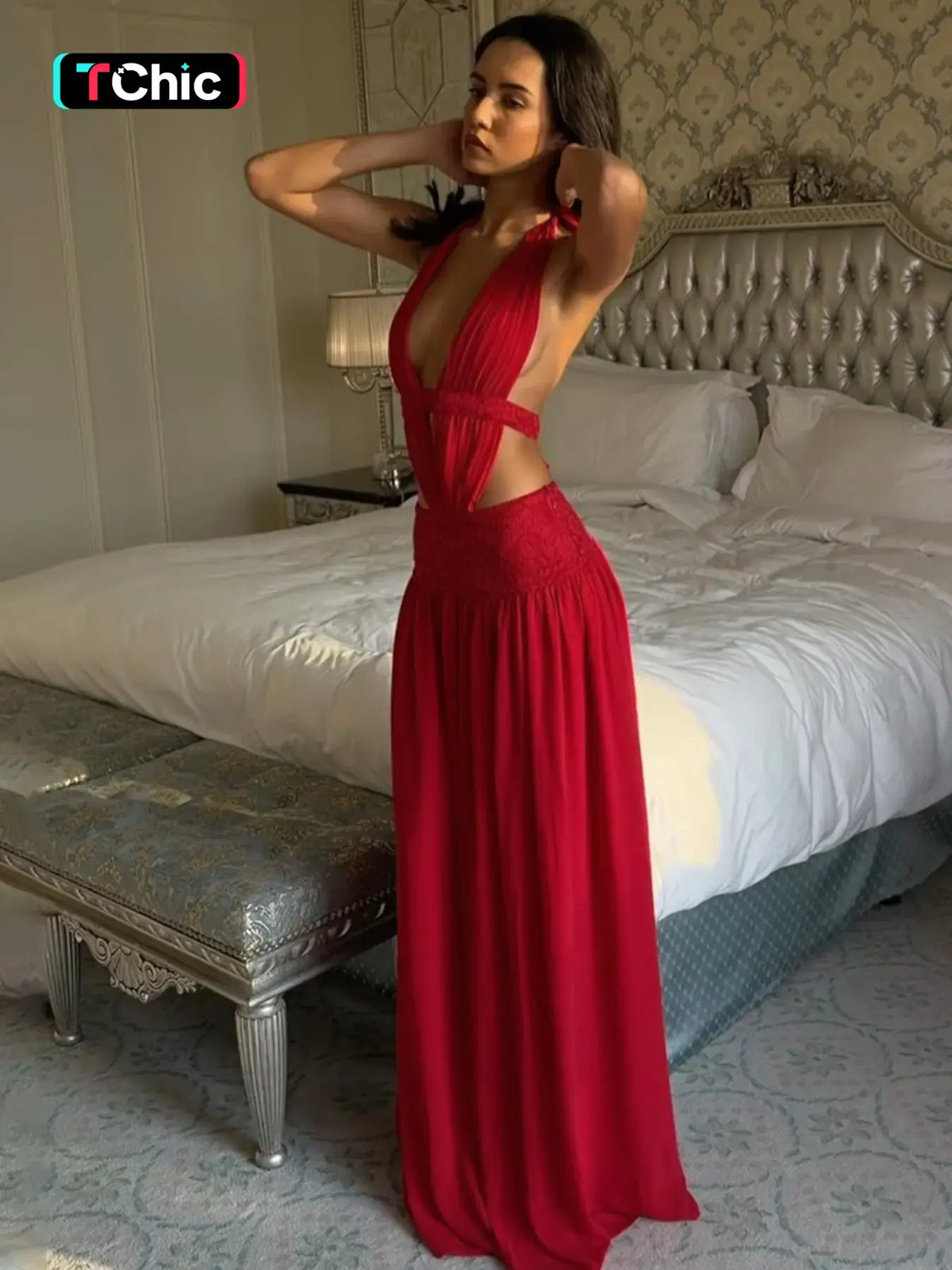 Deep V-Neck Halter Bodycon Dress – Backless Ruched Party Dress