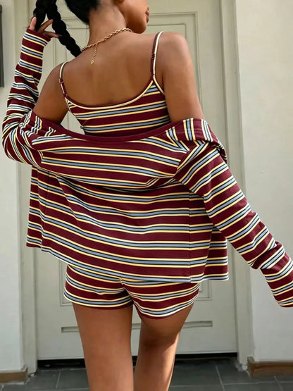 Striped Knit 3-Piece Set – Casual Tank Top, Jacket & Shorts Outfit